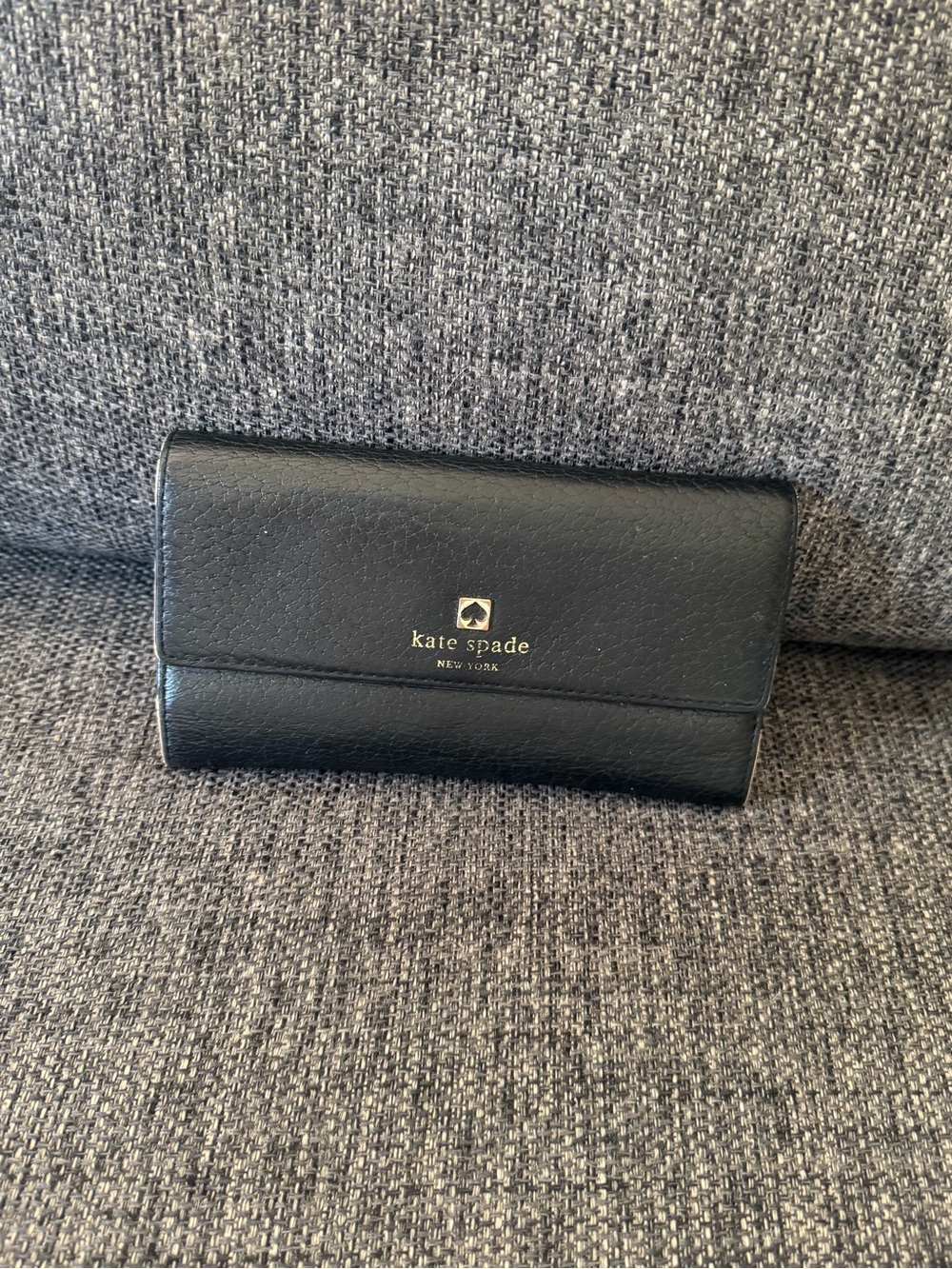 Kate Spade Black Leather Foldover Wallet with Gold Logo